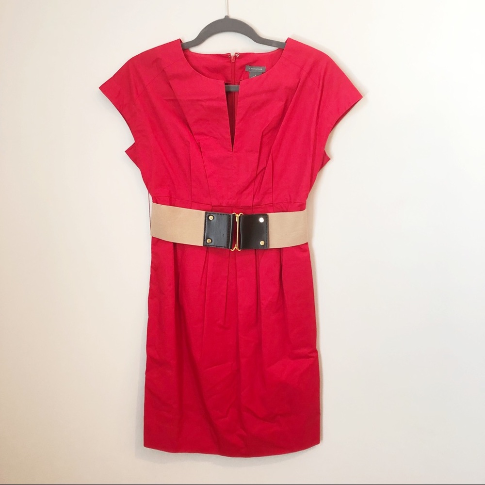 Ann Taylor Red Belted Short Sleeve Dress